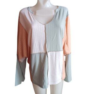 Medium Colorblock Ribbed Long Sleeve Patchwork Top By BiBi Oversize